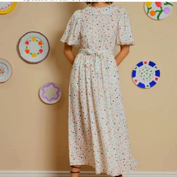Sister Jane RARE Rainbow Hearts White Puff Sleeve Tiered Waist Tie Maxi DressXS
